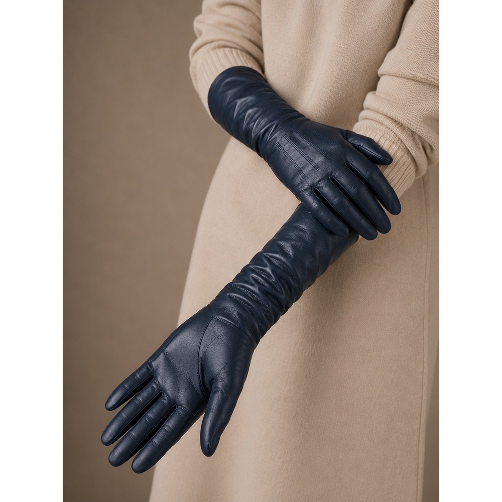 VINTAGE ROGER FARE Long Leather Gloves in Navy Blue Made in France